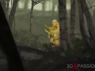Hijau raksasa ogre mengongkek keras yang desiring perempuan goblin arwen dalam yang enchanted hutan