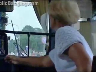 Crazy daring public bus x rated film action in front of amazed passengers and strangers by a couple with a charming sweetheart and a bloke with big cock doing a blowjob and a vaginal intercourse in a local transportation